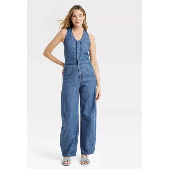 Universal Thread Women's 14 Curved Leg Jeans Denim Jumpsuit Overalls Medium Wash - Picture 1 of 5